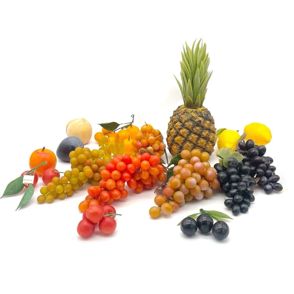 Vintage Faux Fruit Lot Grape Clusters Pineapple Lemons Midcentury Cornucopia Set